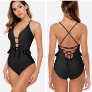 Fashion World Boutique Black Lace-Up One-Piece Swimsuit Small